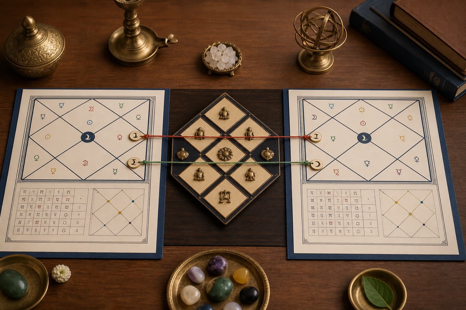 Realistic compatibility study board with two Kundli charts and matching factors