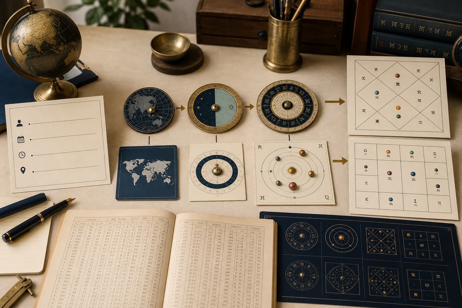 Realistic calculation engine study desk showing birth inputs and North and South Indian chart outputs