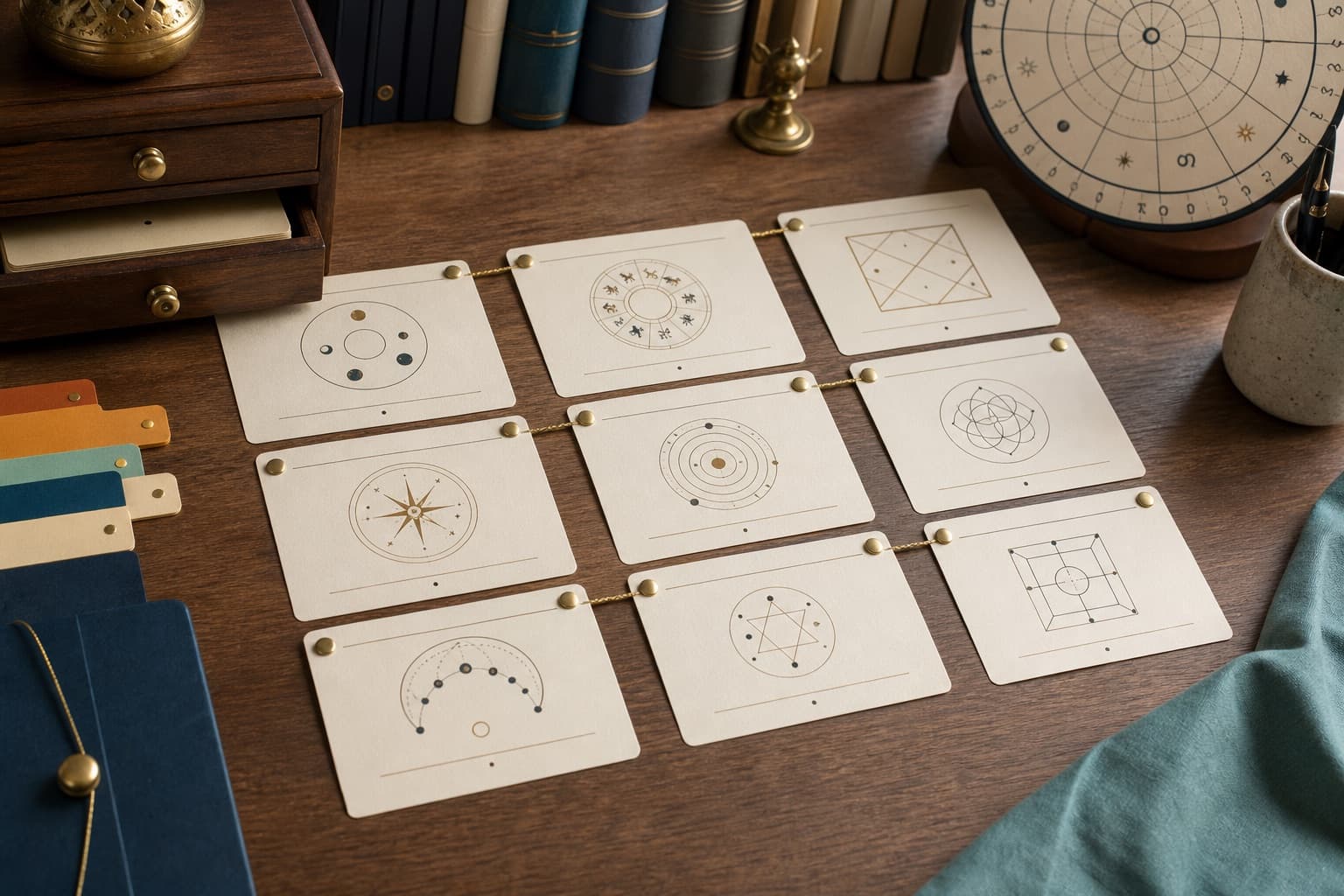 Realistic Jyotish glossary card study system with symbolic concept cards