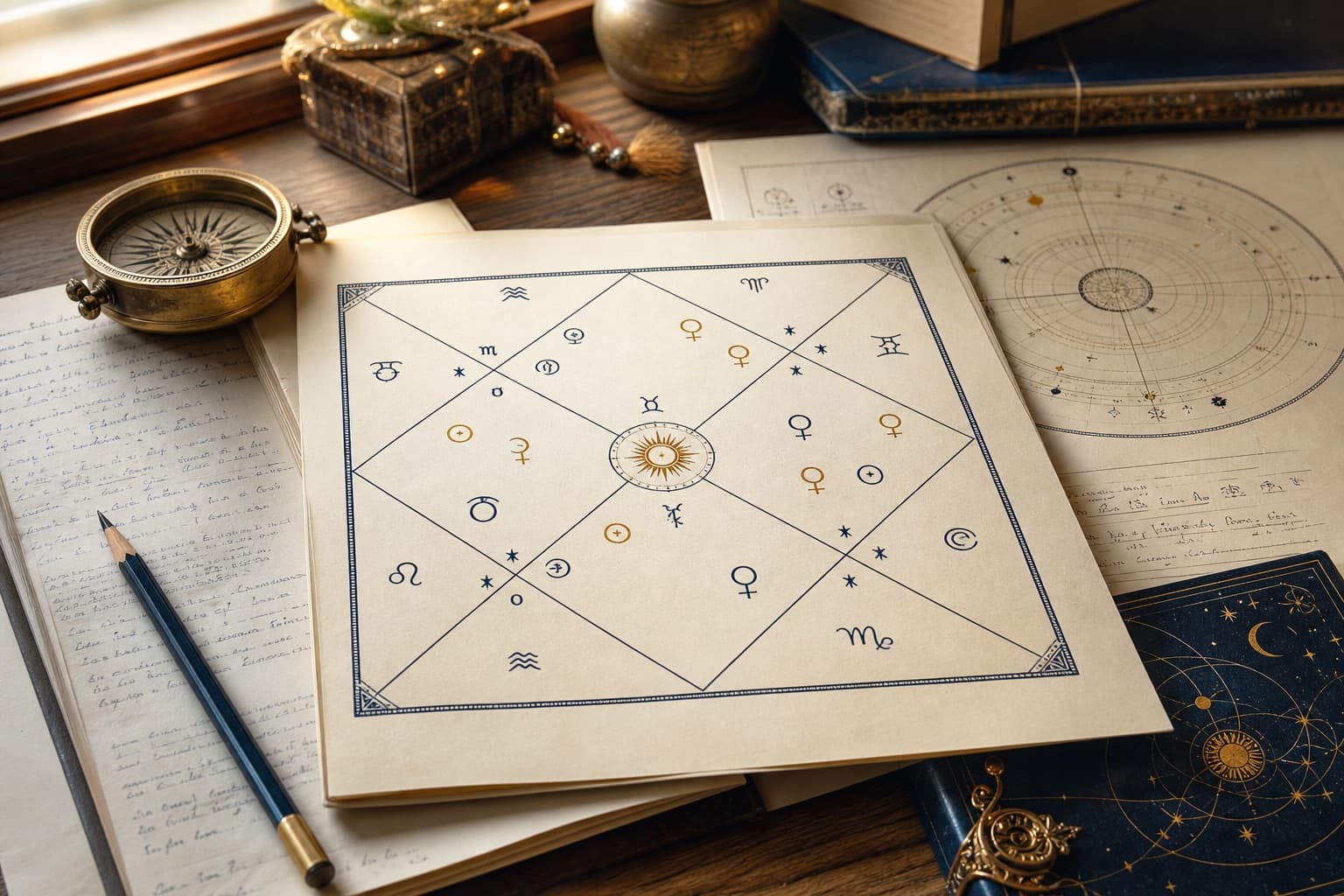 Realistic Kundli study desk with chart notes, reference materials, and calculation tools