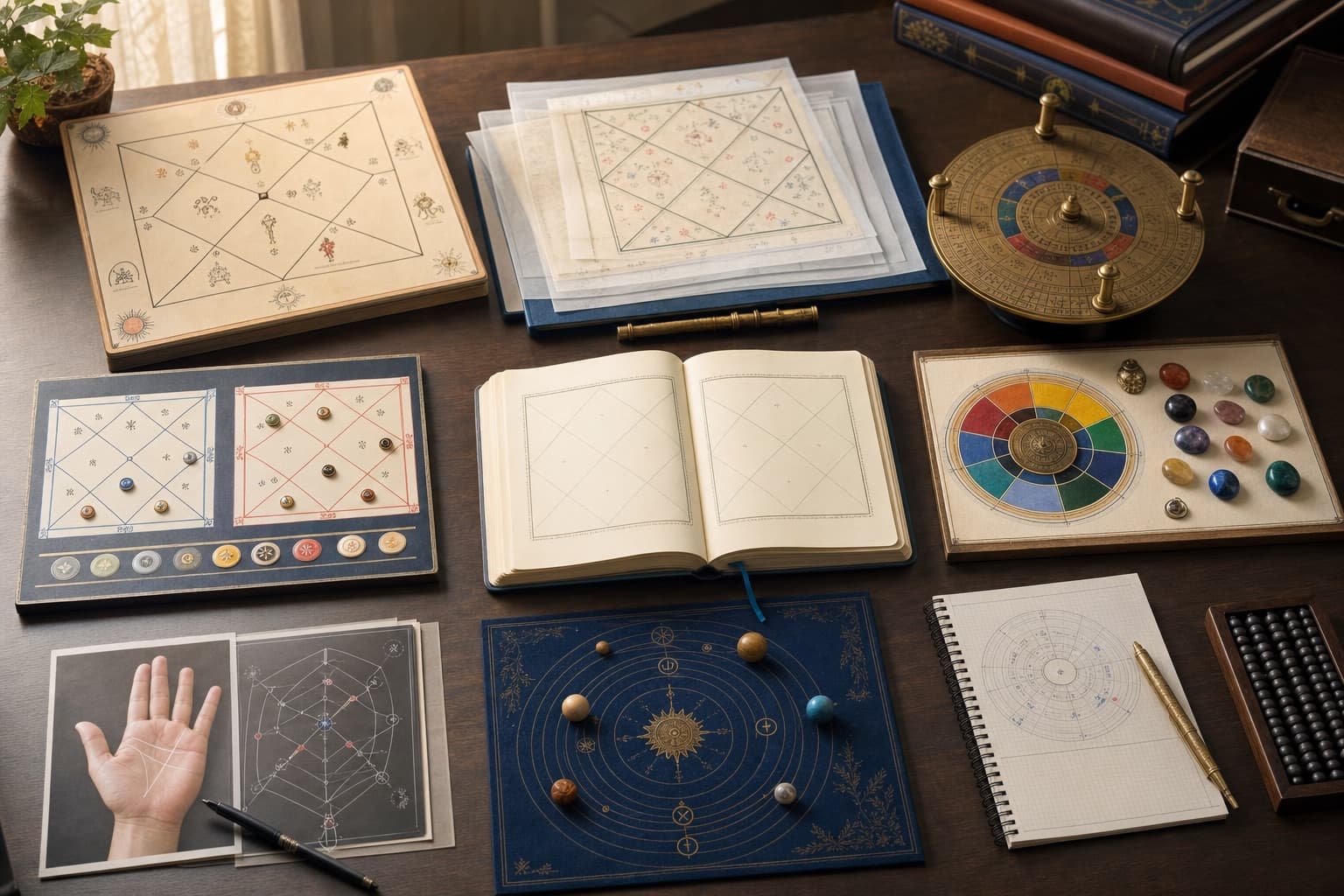 Realistic Vedic astrology course workspace with Kundli, timing, compatibility, remedies, palm, and engine study stations