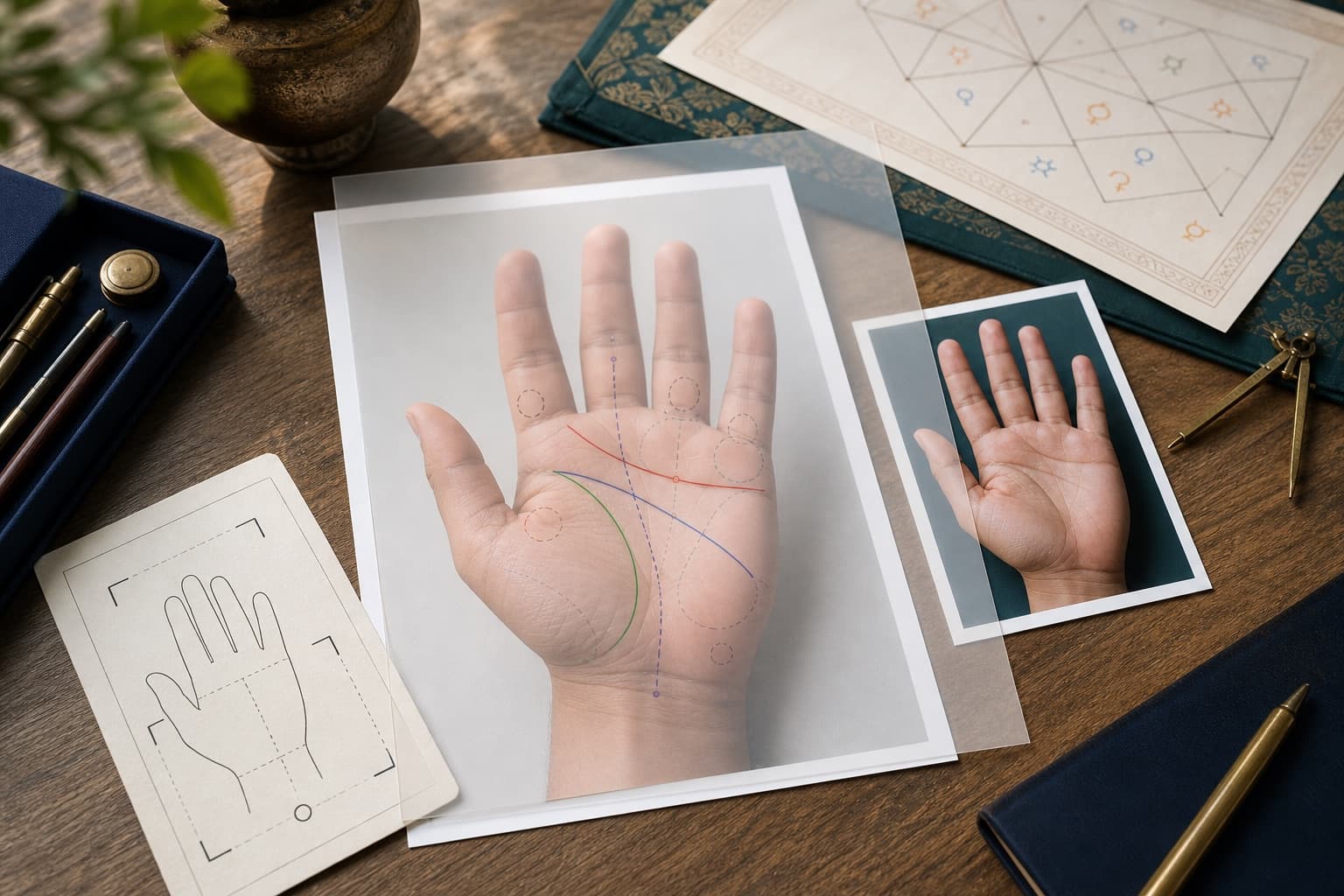 Realistic palm reading study desk with palm photo, line overlay, and Kundli context