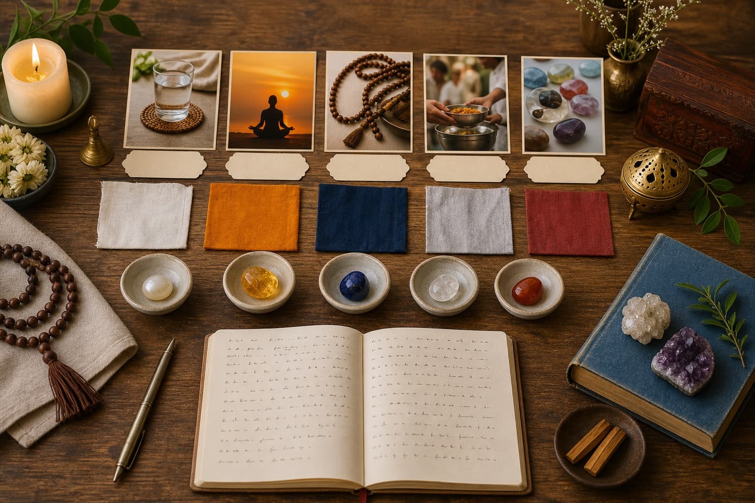 Realistic remedies study board with colors, practices, and modest gemstone review